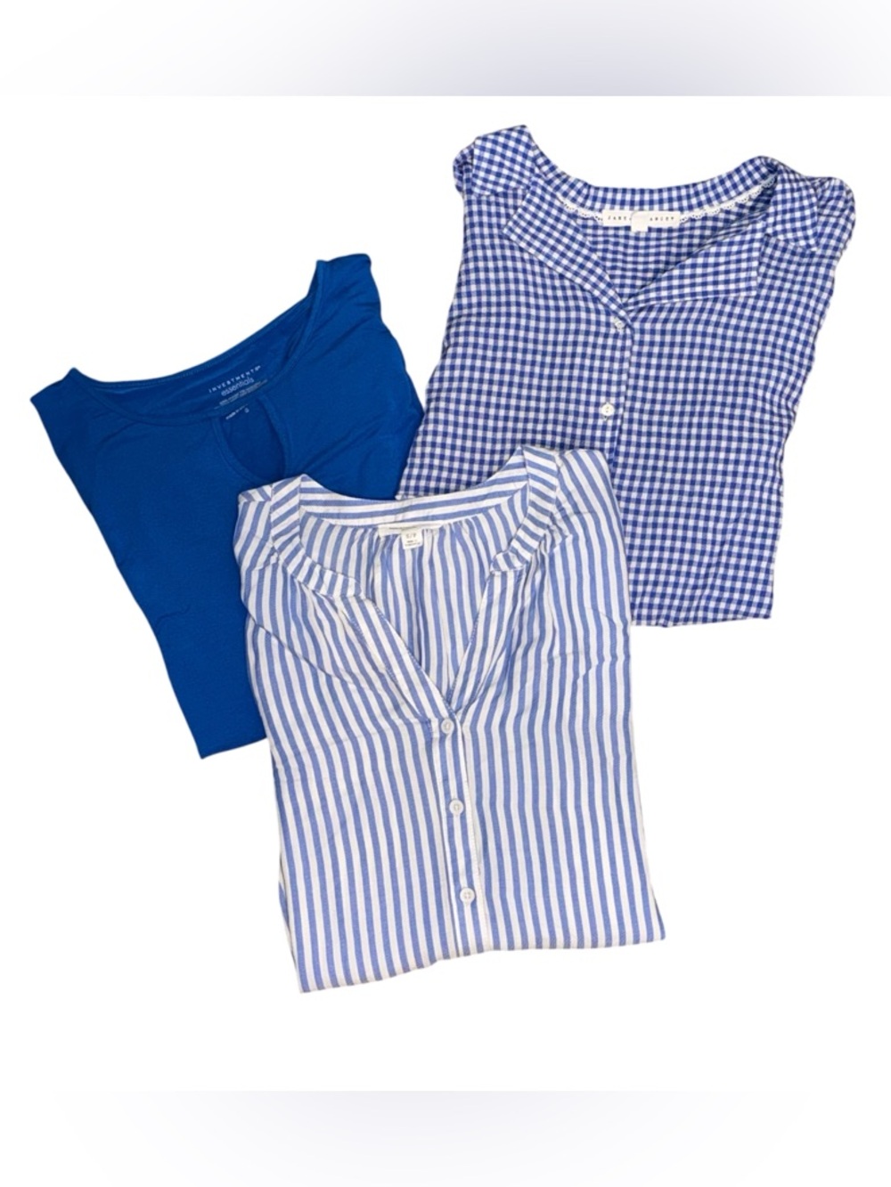 3 PC Blue Top Bundle S Gingham Stripe Keyhole Twist Sleeve Blouses Lot